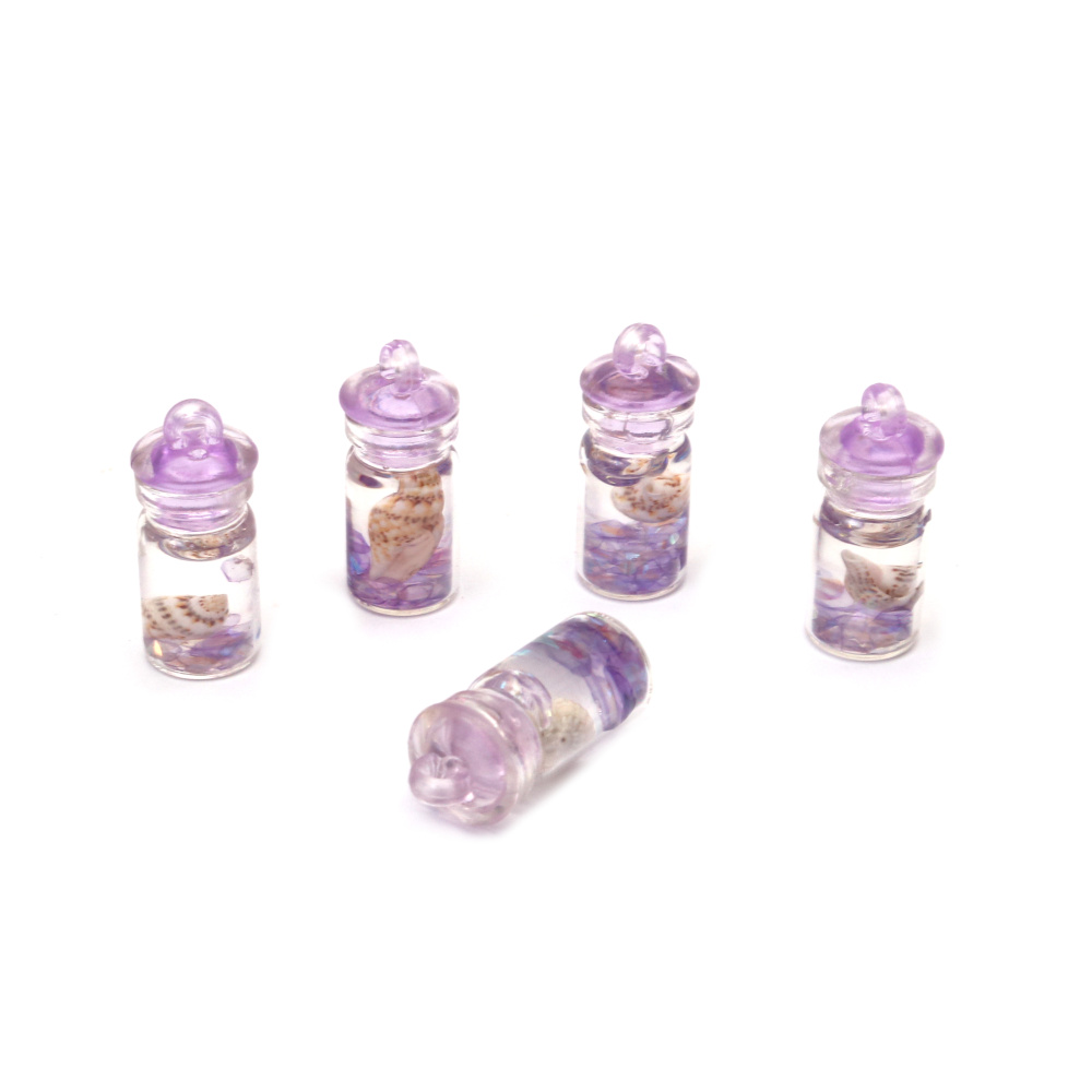 Glass Pendant Jar with Glitter and Sea Snail 10x24 mm Hole 2 mm Purple Color - 5 Pieces