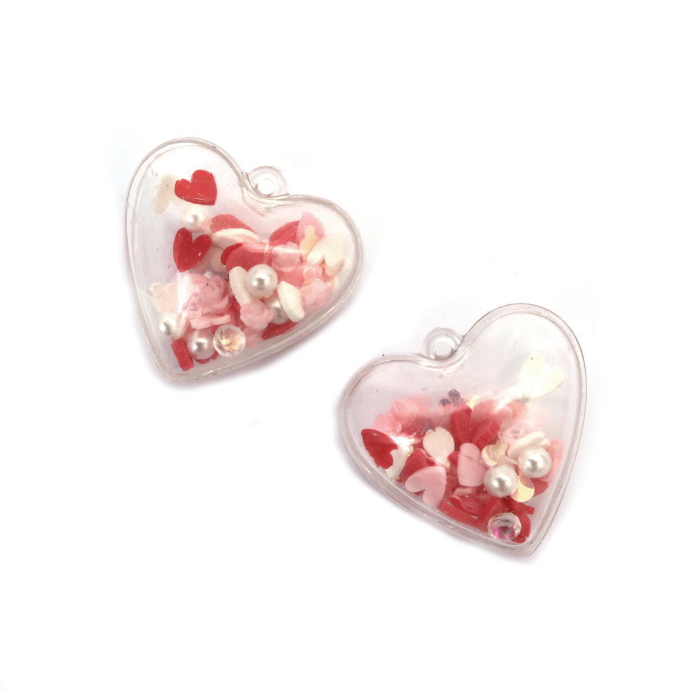 Plastic Heart Pendant 30x29x18 mm Hole 1.5 mm Transparent with Filling - 2 Pieces