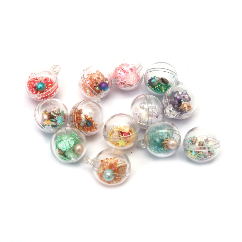 Plastic Sphere Pendant 20x25 mm Hole 2 mm Transparent with Filling MIX - 2 Pieces