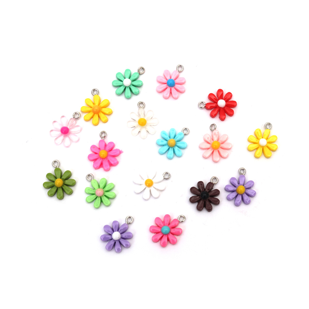 Pandantive fermecătoare din rășină în formă de floare 16x19x5 mm – orificiu 1,5 mm, culori MIX, set de 5 pentru confecționare bijuterii handmade, decorațiuni pentru cadouri și proiecte DIY creative