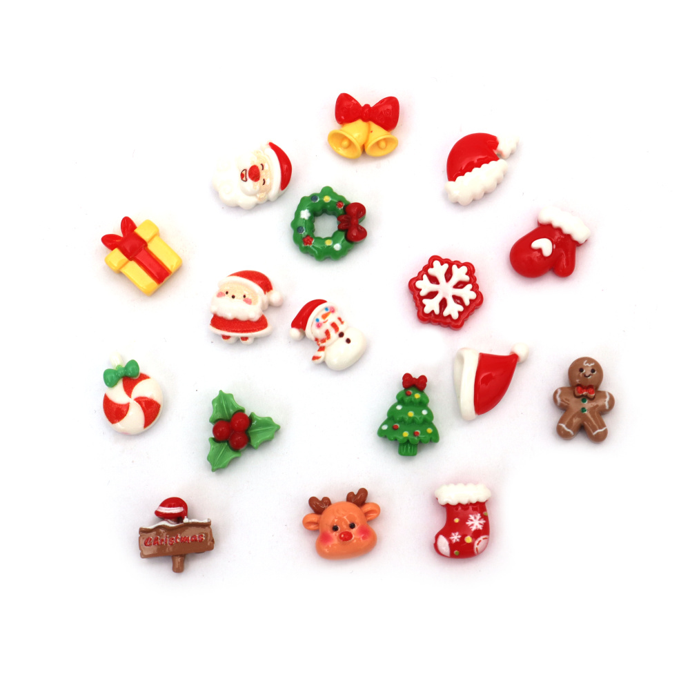 Figurină de Crăciun din plastic tip cabochon 10~15x11~14x5~7 mm ASORTATE - 10 bucăți