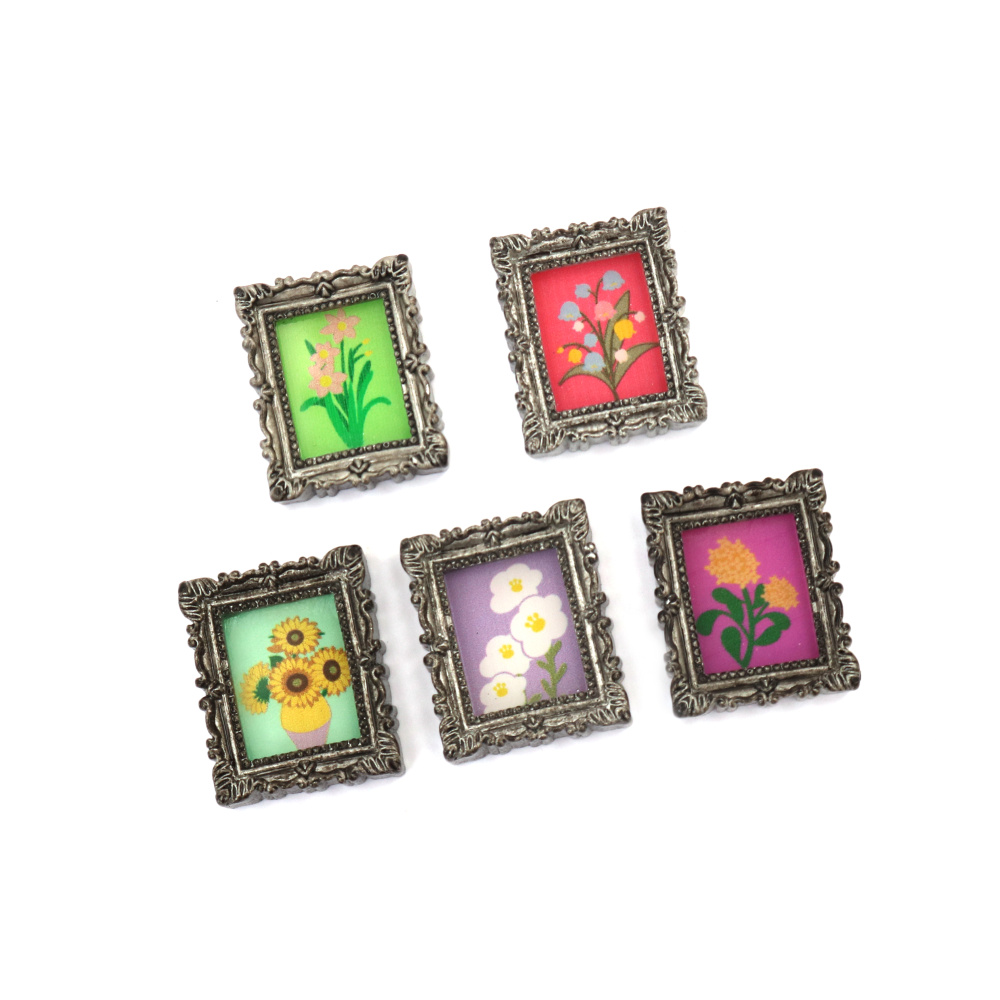 Plastic cabochon-type figurine, 3x2.5x0.7 cm, frame with photo, ASSORTED, silver color - 5 pieces