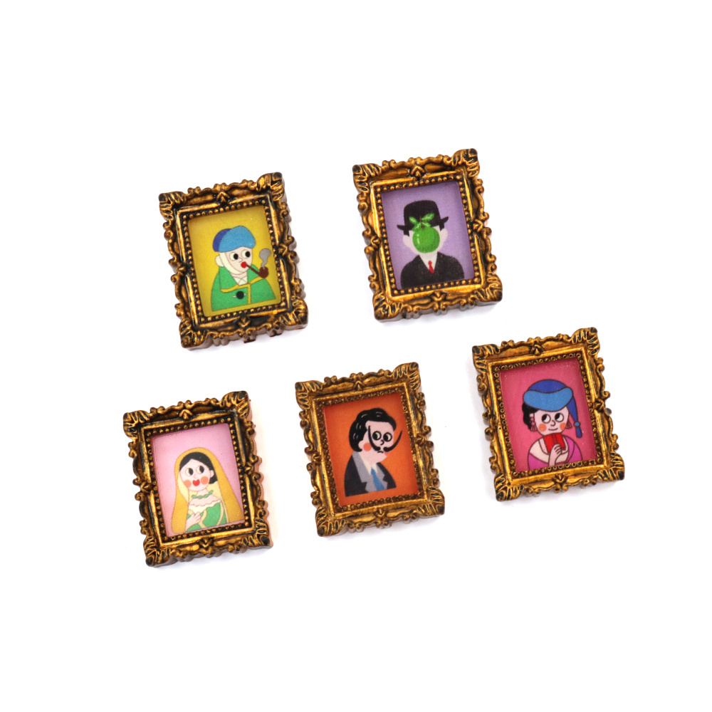 Plastic cabochon-type figurine, 3x2.5x0.7 cm, frame with photo, ASSORTED, gold color - 5 pieces