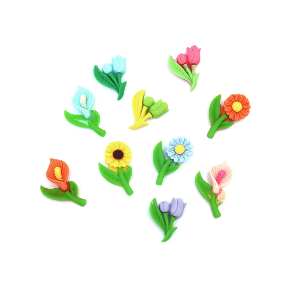Plastic cabochon-type figurine, 2.6~3.1 cm, flowers, ASSORTED - 10 pieces