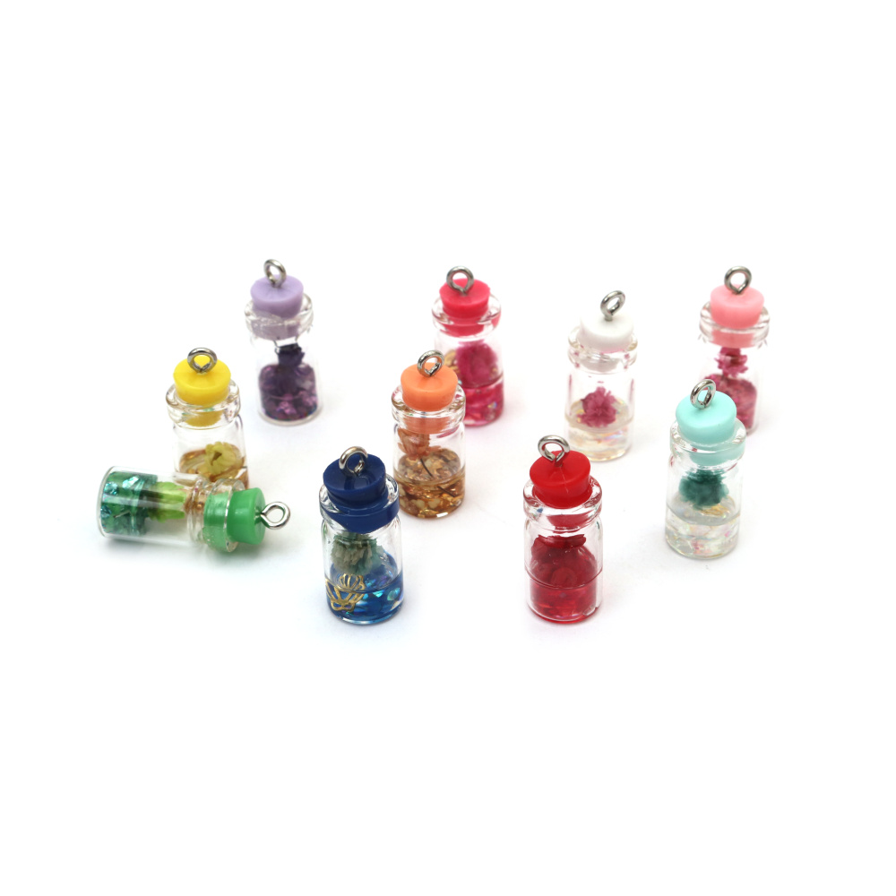 Pandantive sticluță din sticlă 10x26 mm – umplute cu flori naturale, gaură 1,5 mm, culori MIX asortate, set de 2 pentru bijuterii elegante, hobby creativ și cadouri handmade inspirate de natură
