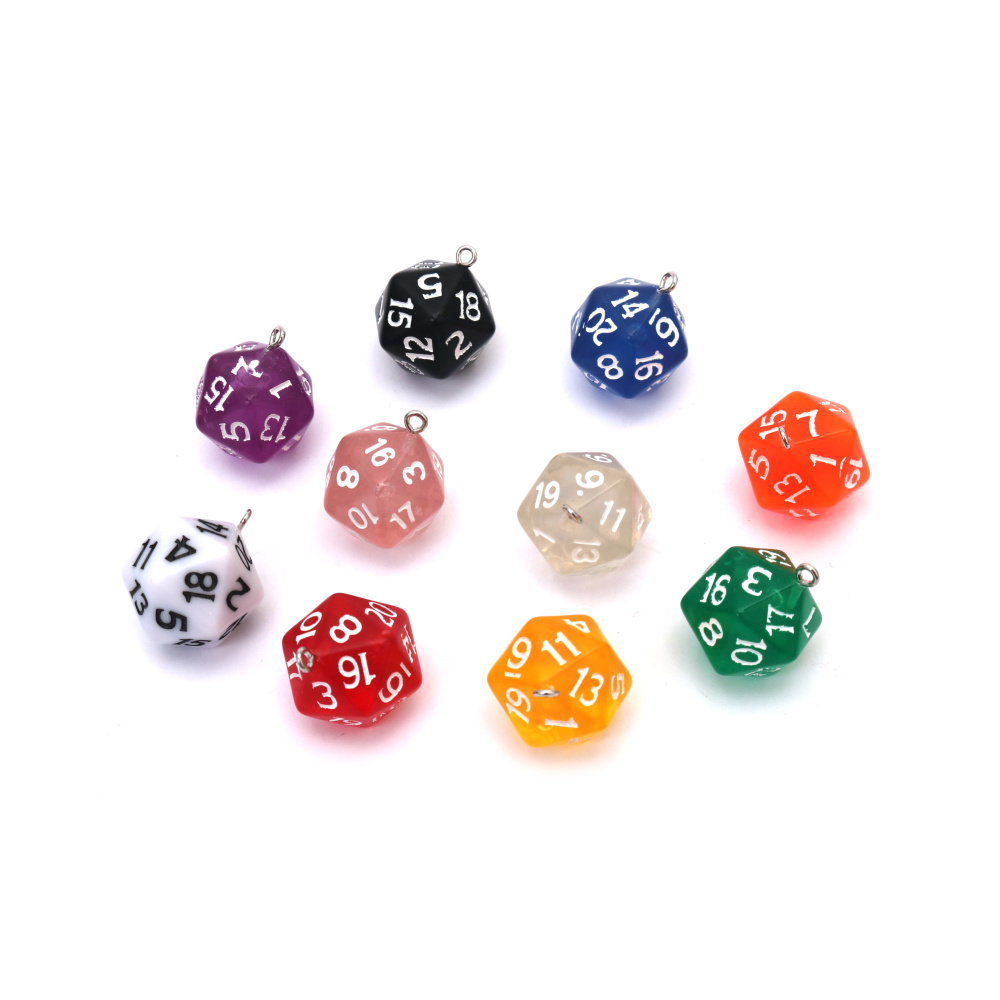 Pandantive trendy din rășină tip zar poliedric 20x27x20 mm – gaură 1,5 mm, culori asortate, set de 2, pentru bijuterii handmade, accesorii gamer și proiecte DIY unice