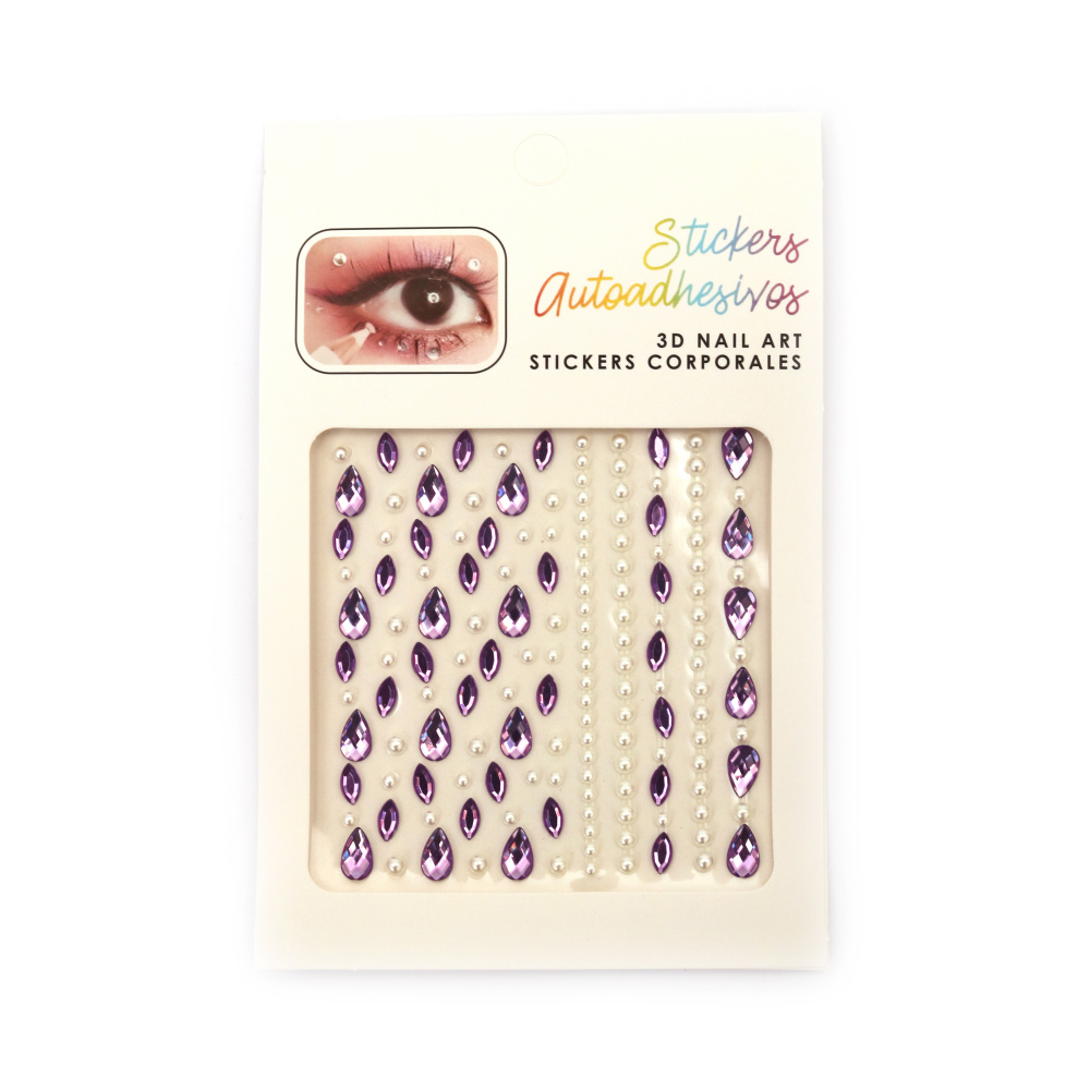 Self-adhesive pearls, hemispheres and acrylic purple stones