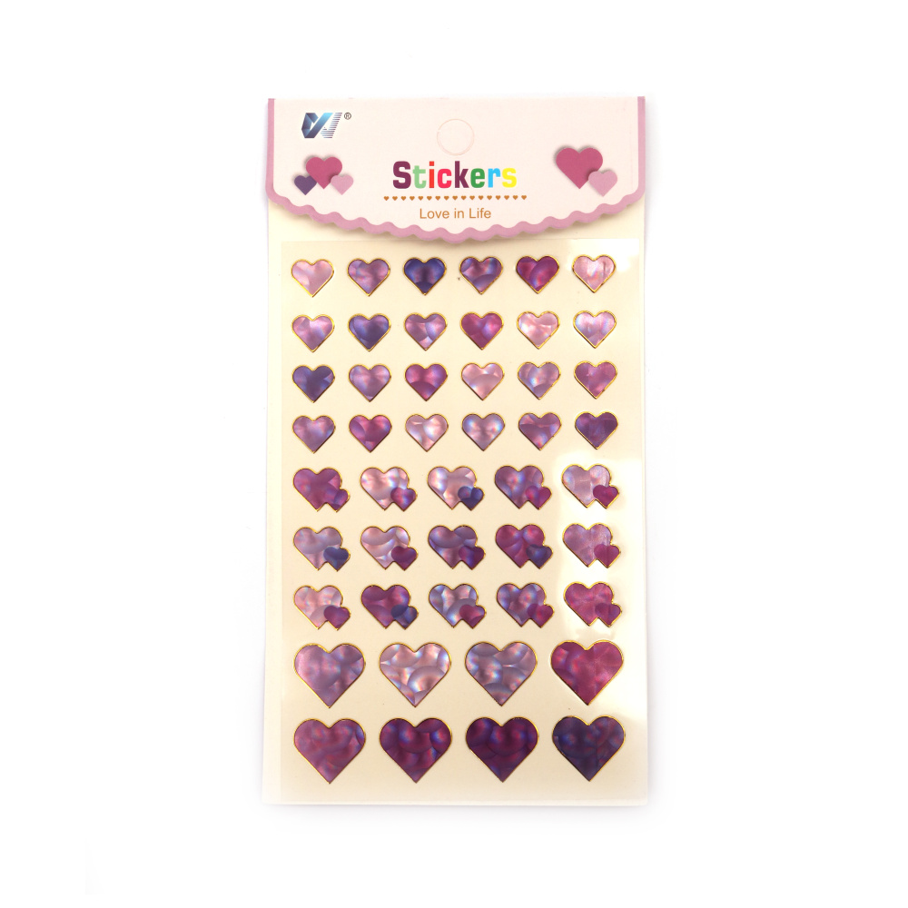 Self-adhesive paper stickers for decoration hearts from 12 mm to 20 mm in pink-purple range with mother-of-pearl effect -47 pieces