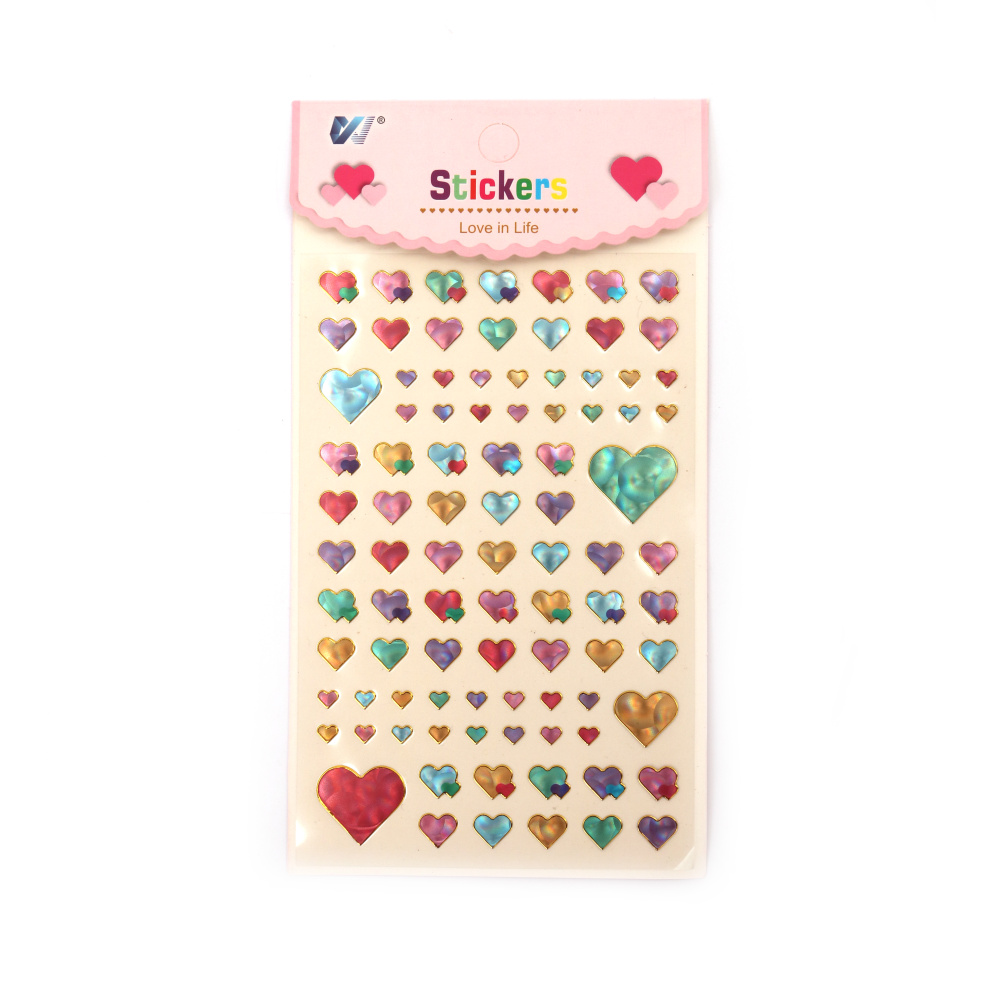 Self-adhesive paper stickers for decoration hearts from 12 mm to 20 mm with mother-of-pearl effect mixed color -81 pieces