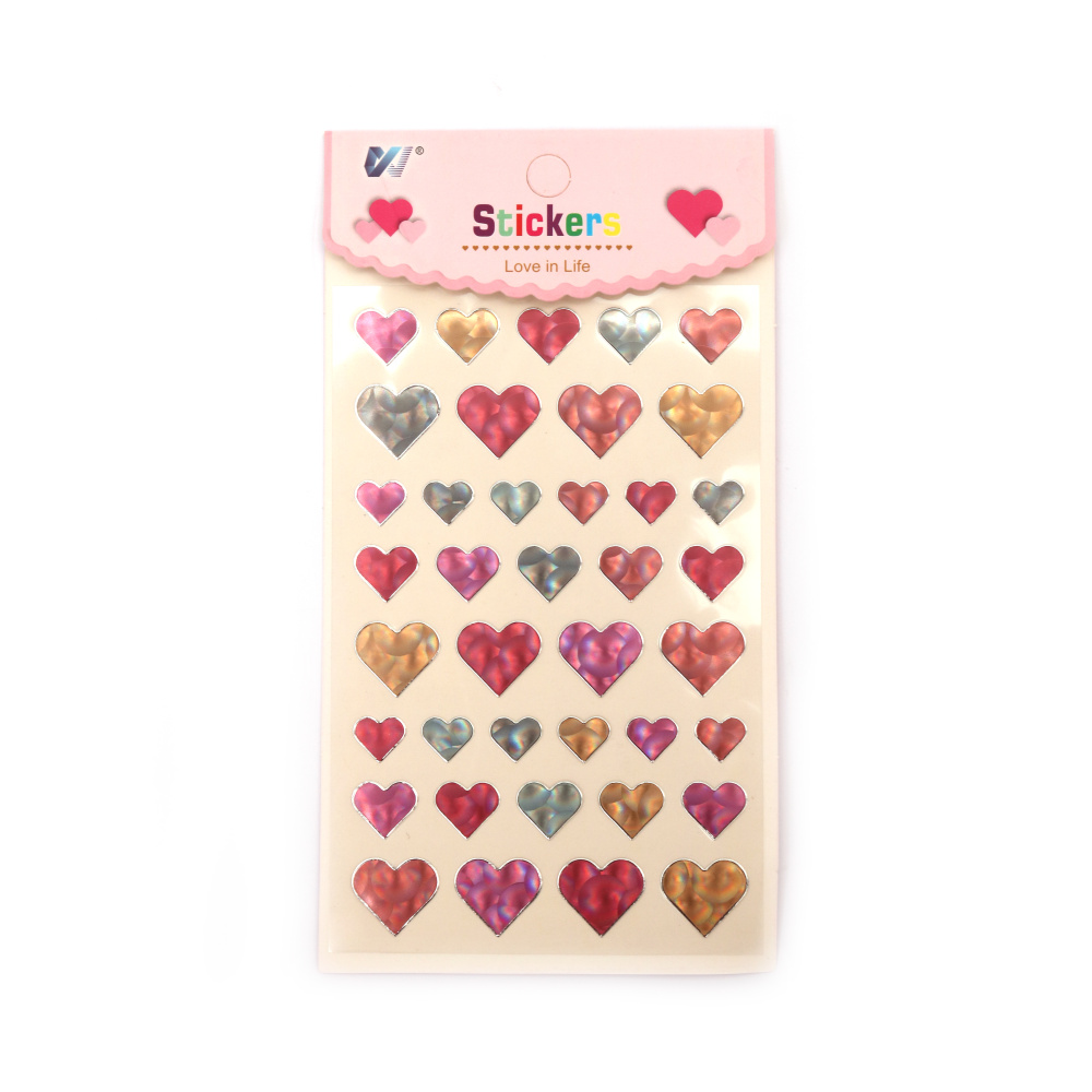 Self-adhesive paper stickers for decoration hearts from 12 mm to 20 mm with mother-of-pearl effect color mix -39 pieces