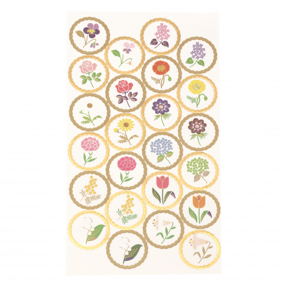 Embossed Paper Stickers for Decoration / Assorted Flowers with Golden Edging - 24 pieces