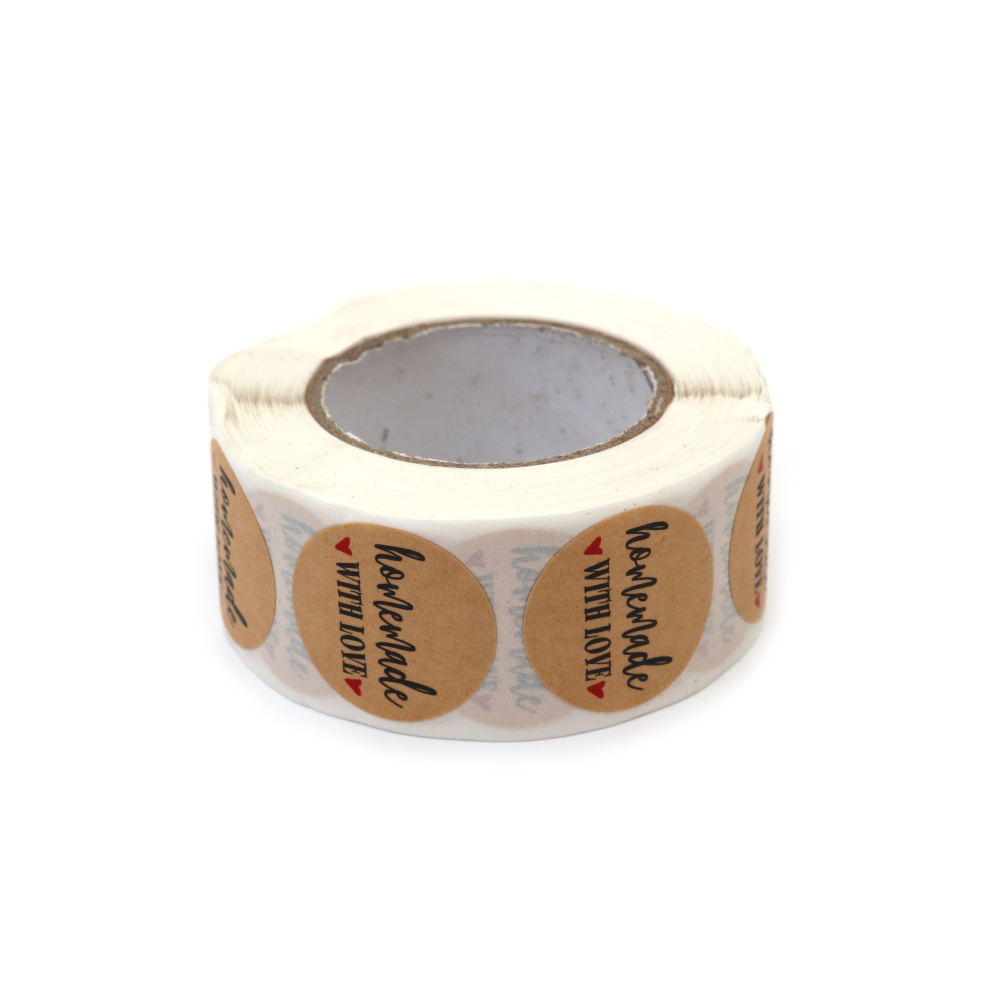Roll of Self-Adhesive Round Kraft Stickers "Homemade with Love" /  2.5 cm - 500 pieces
