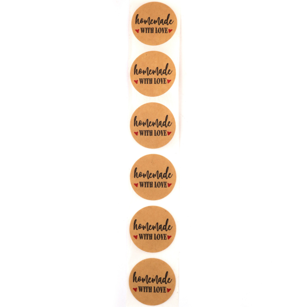 Roll of Self-Adhesive Round Kraft Stickers "Homemade with Love" /  2.5 cm - 500 pieces
