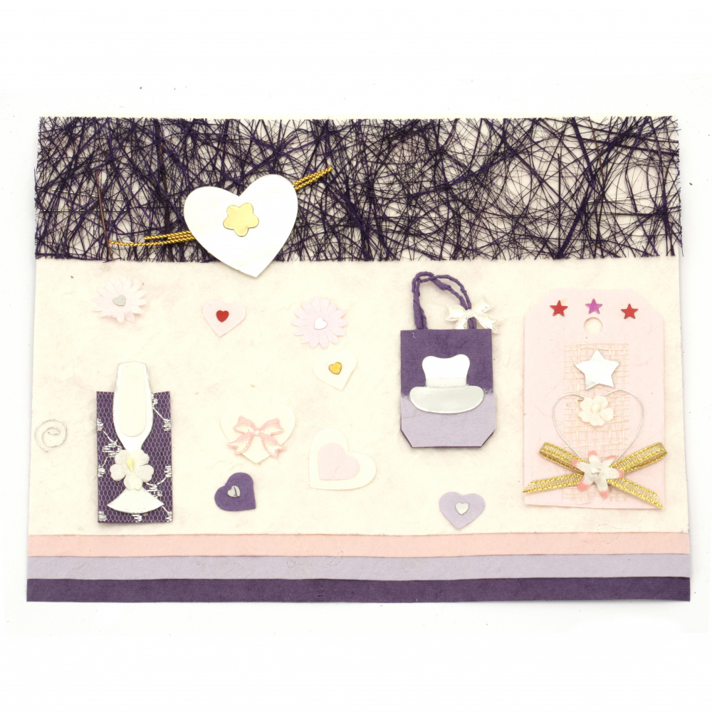 URSUS Scrapbook Kit Set Violet - Mulberry Paper, Assorted Colors, 4 sheets A5, 10x15 cm and a mix of Decorative elements