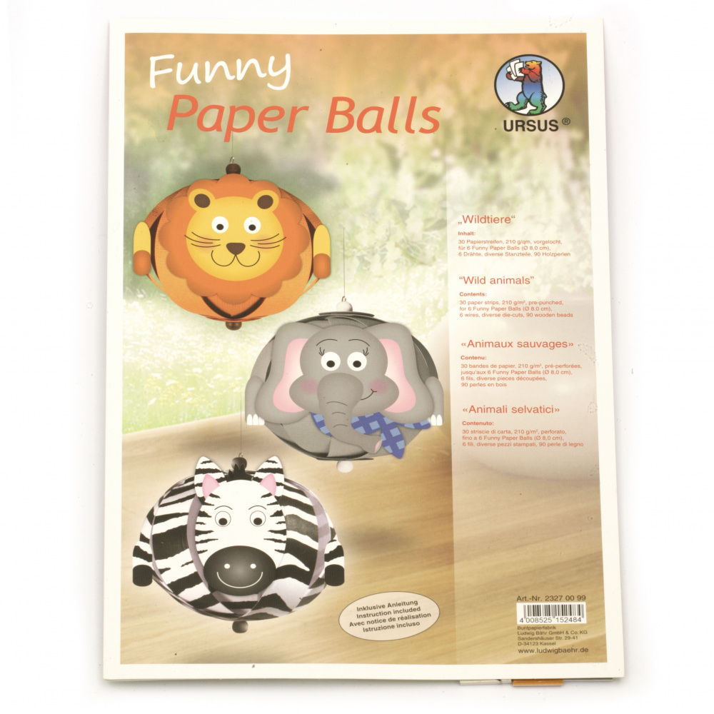 URSUS Funny Paper Balls, 210 g 80 mm, Wild animals, 6 pieces DIY Craft Decoration