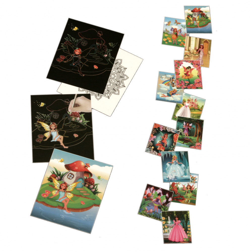 URSUS комплект магически картини Magic Scratch Book Феи и принцеси 12 листа 21x26 см с 12 мандали и дървен инструмент за издраскване