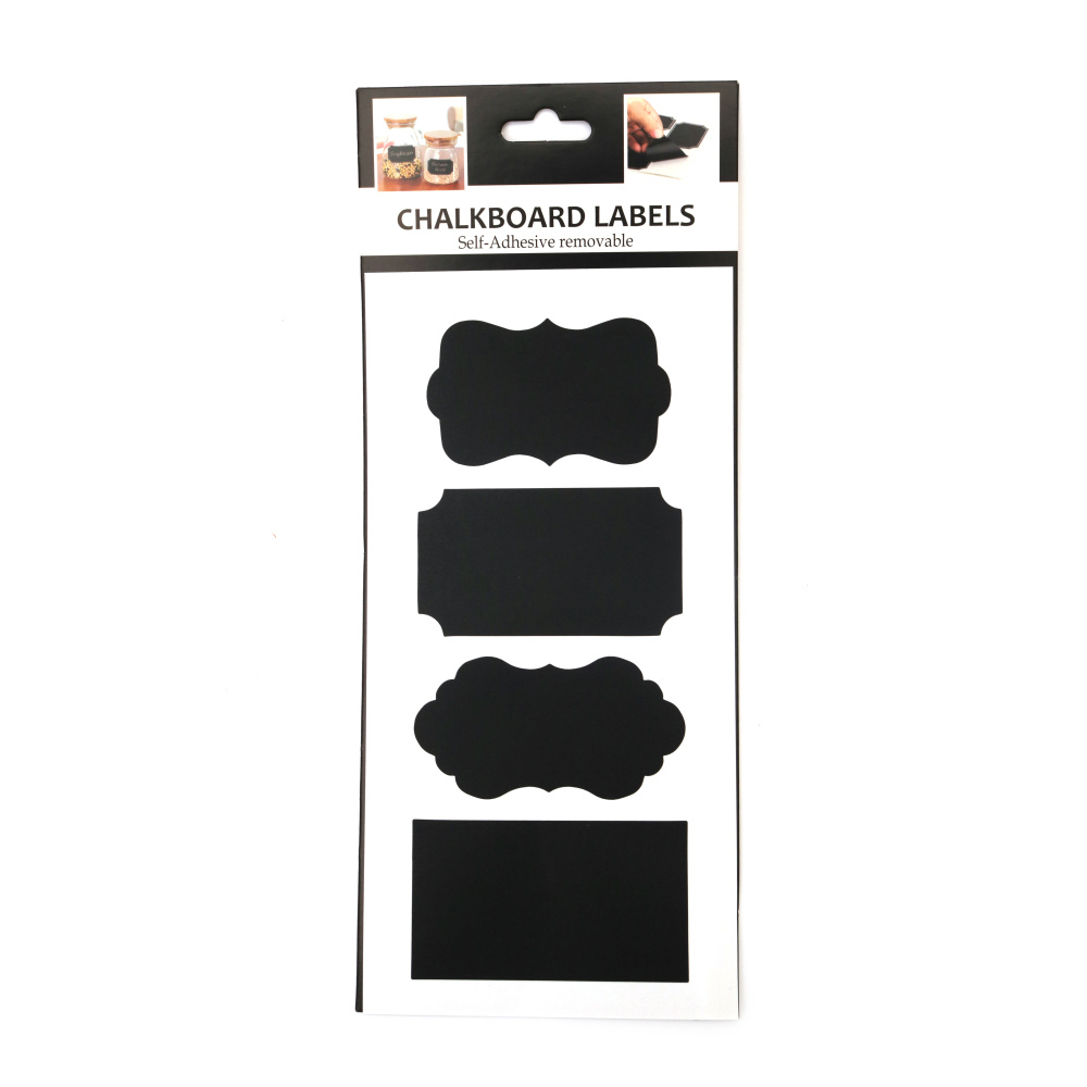 Etichete autoadezive negre elegante – 8–8,8 x 4–5 cm, 4 buc., forme mixte – reutilizabile, netede și perfecte pentru etichetarea borcanelor, sticlelor, cadourilor și proiectelor DIY creative