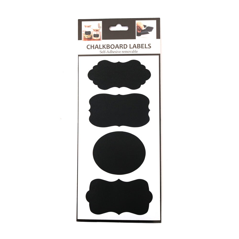 Elegant Self-Adhesive Black Labels – 7.7~9.7x4~6.3 cm, 4 pcs in Assorted Shapes – Smooth, Reusable & Perfect for Labeling Jars, Bottles, Gifts and Creative DIY Projects