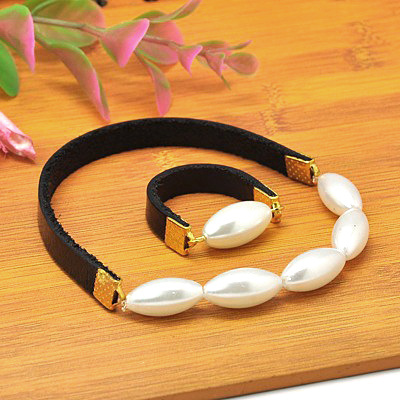 Bracelet ring set 17 mm genuine leather metal color gold with  pearl glass 16 mm 55 mm