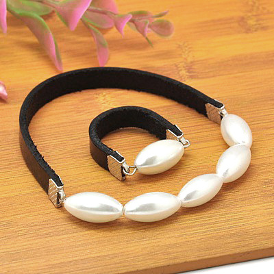Bracelet ring set 17 mm genuine leather metal color silver with pearl glass 16 mm 55 mm