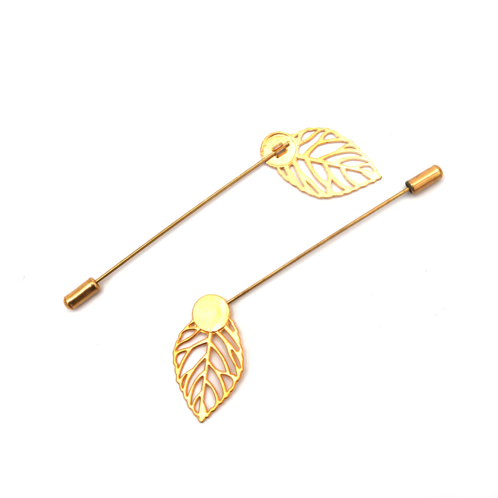 Metal Brooch Pin with Leaf 24x83 mm, Gold Color - 4 pieces