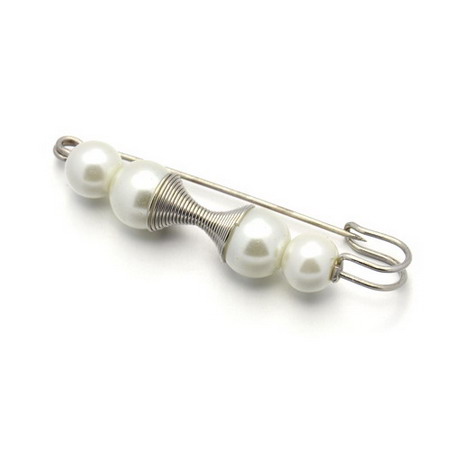 Brooch metal color silver with glass beads 55x14 mm white