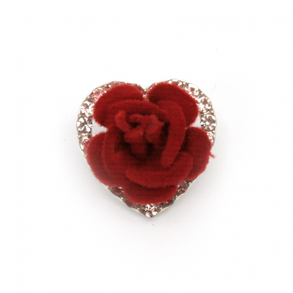 Метална брошка с кристали и червена роза
