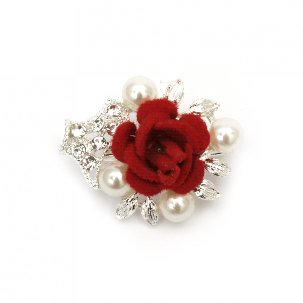 Метална брошка с кристали перли и червена роза