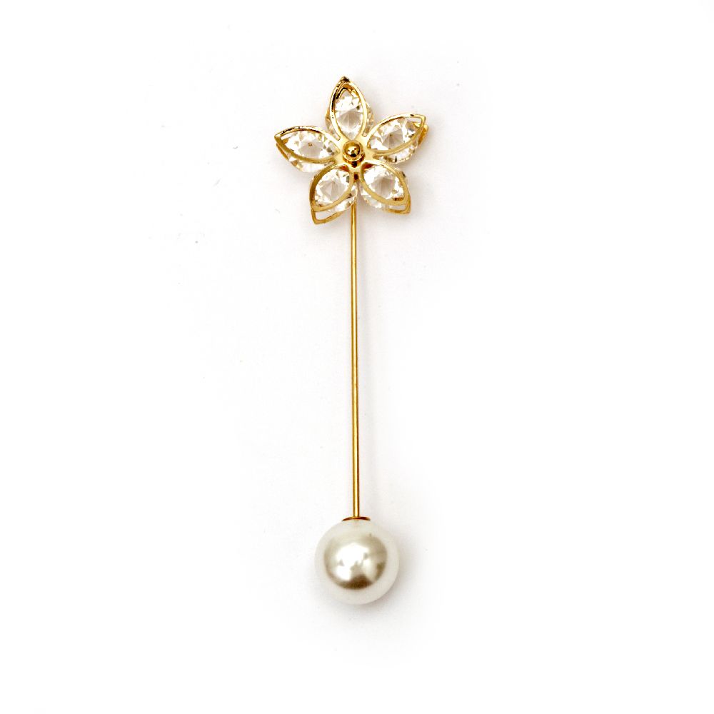 Брошка игла метал с кристали 75x25 мм цвят злато цвете накрайник перла