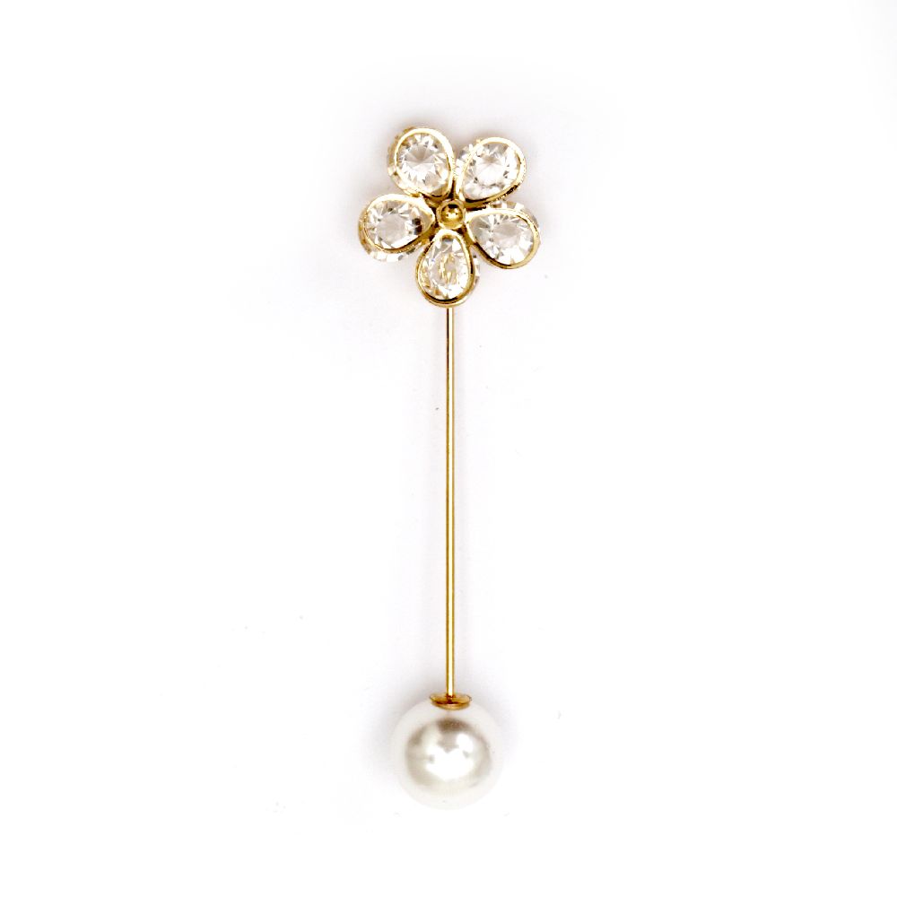 Брошка игла метал с кристали 75x20 мм цвят злато цвете накрайник перла
