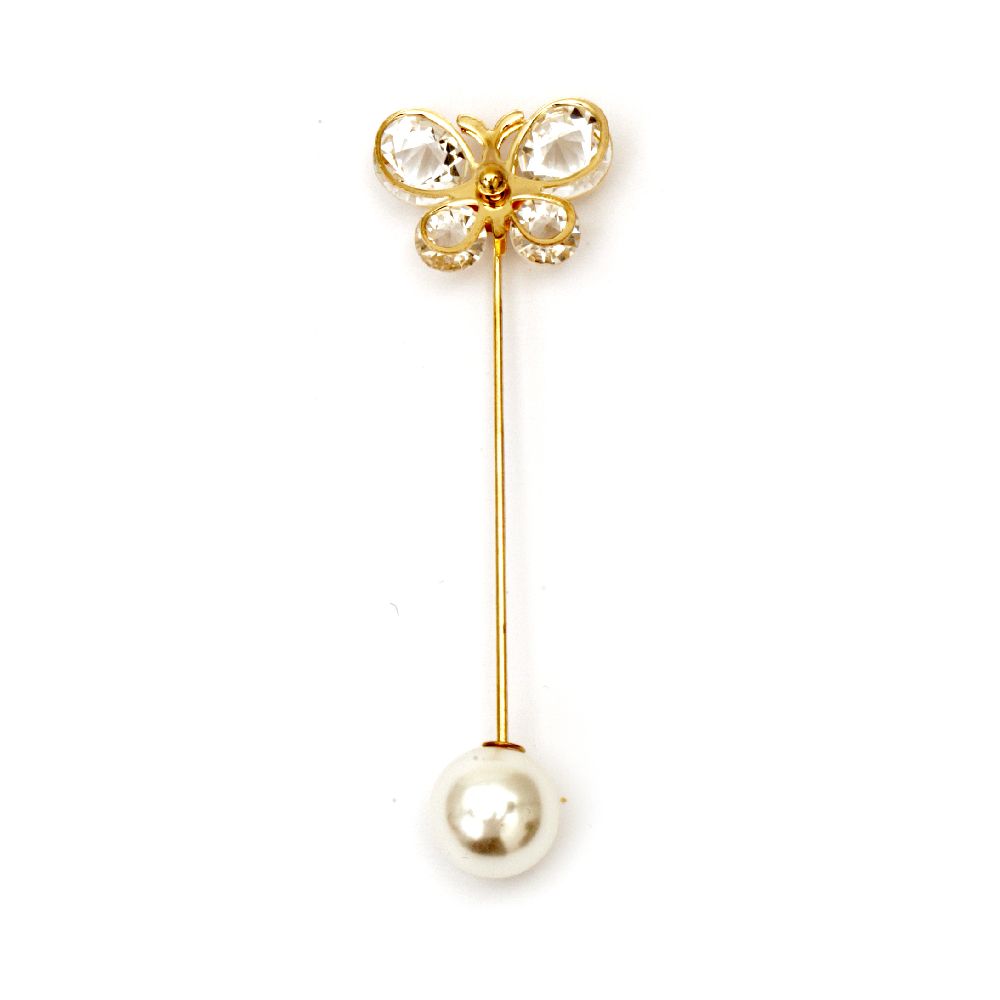 Metal Brooch Stick Pin / Butterfly with Crystals and Pearl / 75x25 mm / Gold Color
