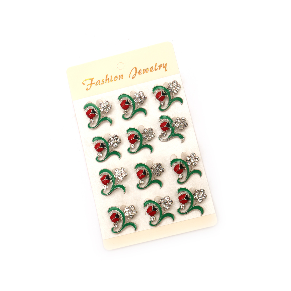 Metal brooches with crystals and paint, 23x23 mm, featuring a flower with a ladybug, silver color - 12 pieces