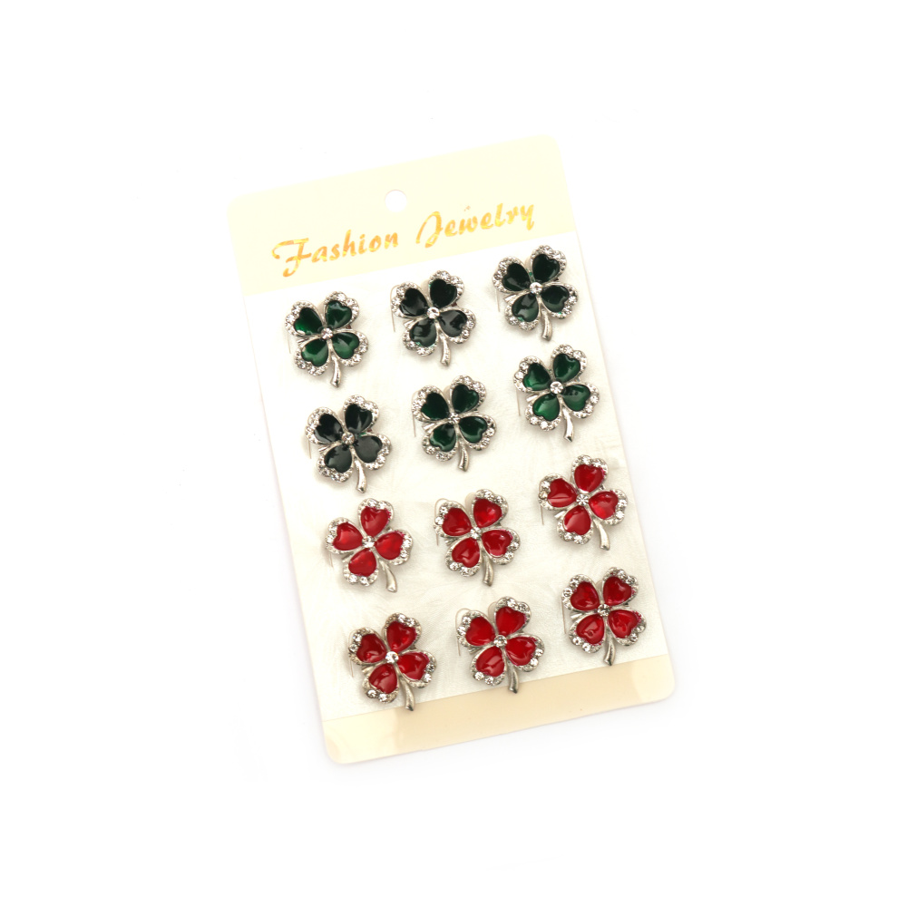 Metal brooch with crystals and paint, 25x20 mm, clover, color silver - 12 pieces