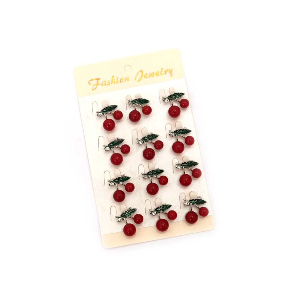 Metal brooch with crystal and paint, 20x20 mm, cherry, color silver - 12 pieces