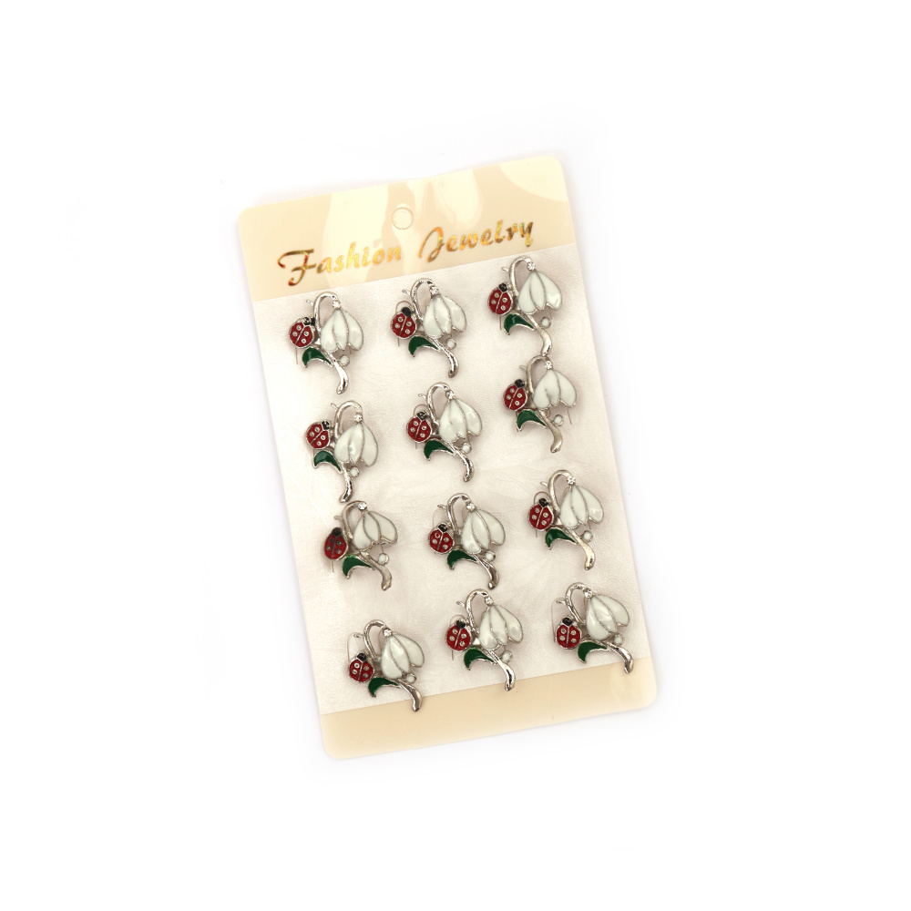 A metal brooch with crystal and paint, 28x20 mm, featuring a snowdrop with a ladybug design in silver color - set of 12 pieces