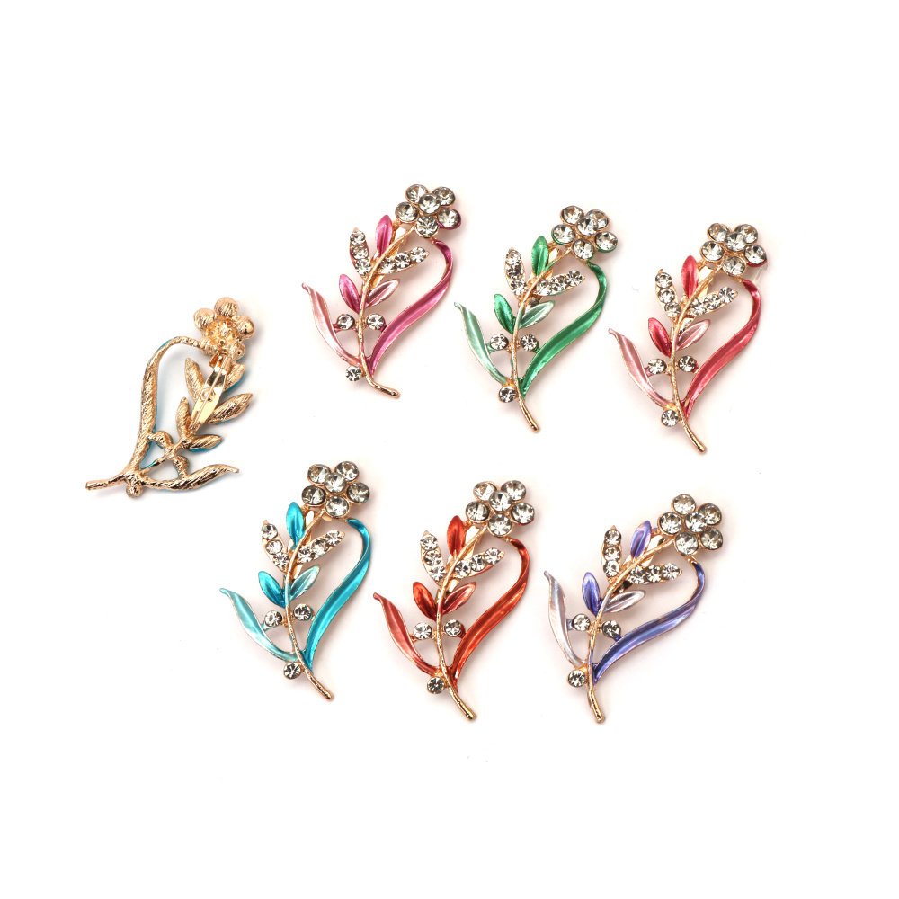 Broșă metalică elegantă cu cristale și vopsea, 30 x 55 mm – modele florale mixte, culoare aurie, pentru ținute stilate și idei de cadouri