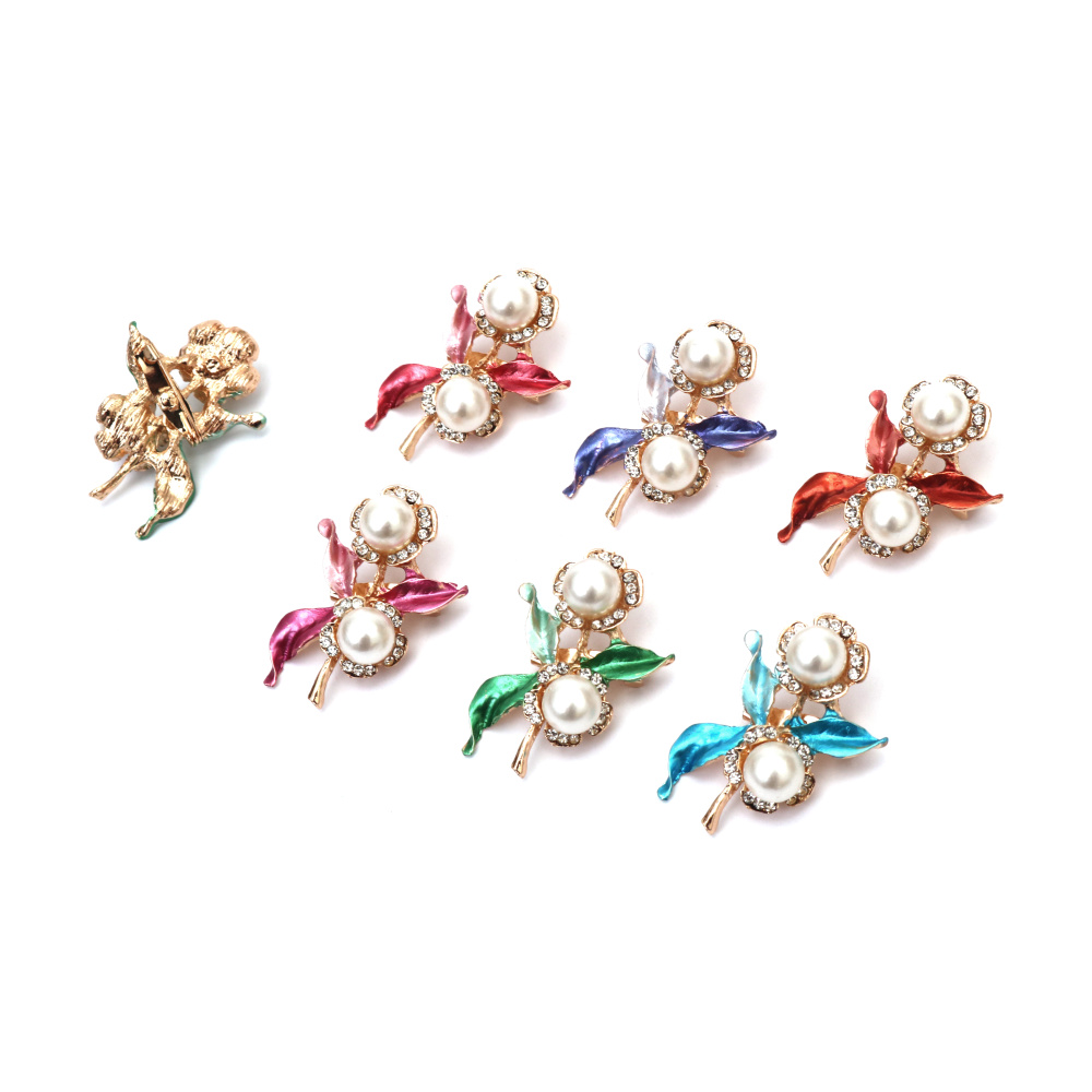 Broșă metalică fermecătoare cu cristale, perle și vopsea 30x40 mm – modele mixte, culoare aurie, ideală pentru ținute zilnice și ocazii speciale