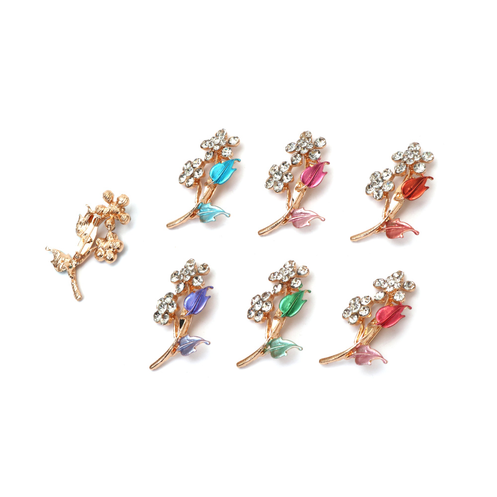 Broșă metalică elegantă cu cristale și vopsea 30x45 mm – modele florale mixte, culoare aurie, perfectă pentru cadouri, accesorii și ținute chic