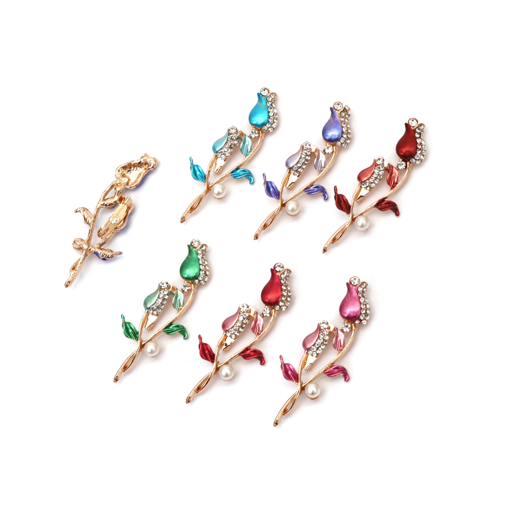 Broșă metalică elegantă cu cristale, perlă și vopsea 25x65 mm – model trandafir, culoare aurie, accent strălucitor pentru cadouri, evenimente formale și ținute chic