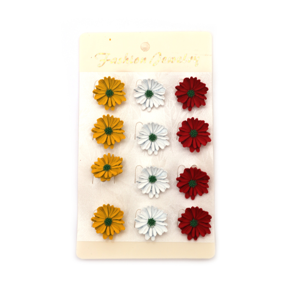Broșe metalice colorate model margaretă 22x22 mm – Set de 12 bucăți în culori MIX, perfecte pentru cadouri vesele, decorațiuni de primăvară și accesorii de modă
