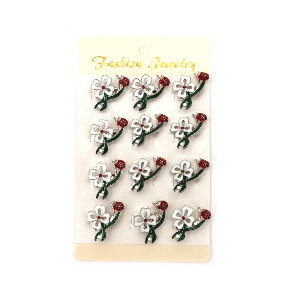 Broșe metalice pictate fermecătoare 25x25 mm – Floare cu gărgăriță, culoare argintie, set de 12 bucăți pentru cadouri vesele, ținute de primăvară și idei decorative, asortate (conținut mixt)