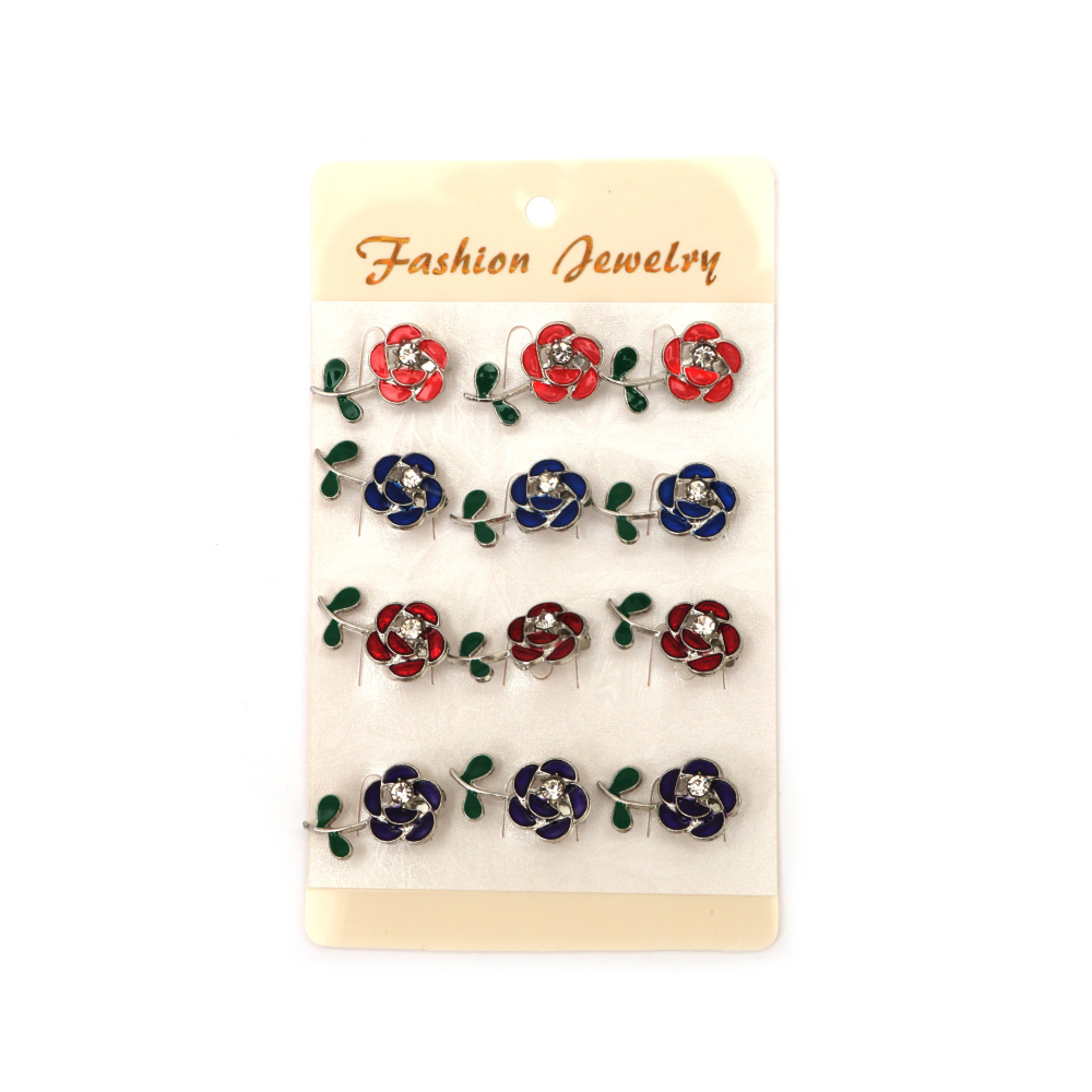 Broșă metalică delicată cu cristal și vopsea 28x15 mm – model trandafir, culoare argintie, Set MIX asortat 12 buc. pentru cadouri romantice și decorațiuni chic handmade