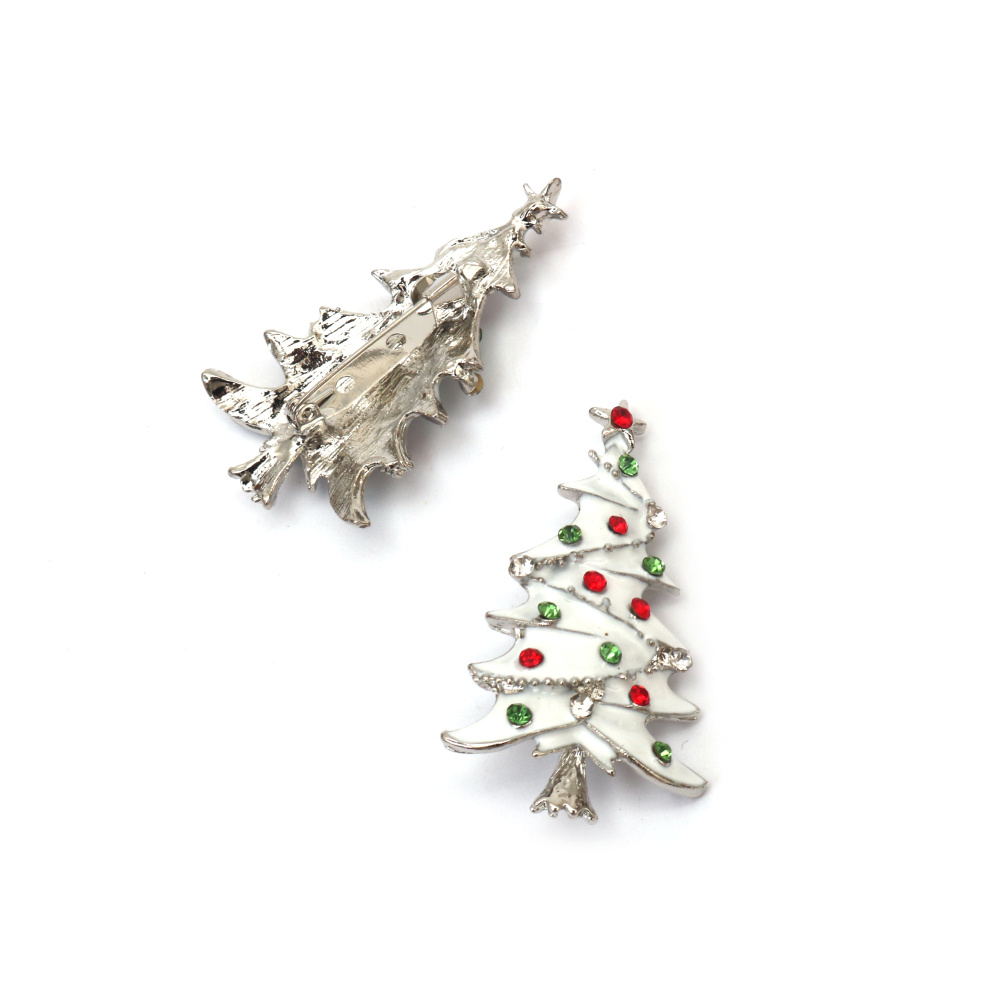 Broșă festivă din metal cu cristale și vopsea 30x52 mm – brad de Crăciun, culoare argintie, ideală pentru ținute de sărbători, cadouri și decorațiuni de iarnă