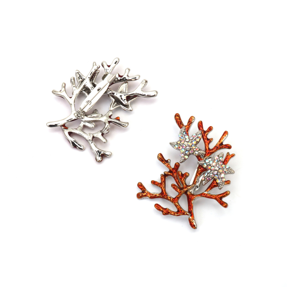Broșă metalică artistică cu cristale și vopsea 43 x 55 mm – coral cu stea de mare, inspirată de frumusețea oceanului, perfectă pentru ținute de vară sau cadouri