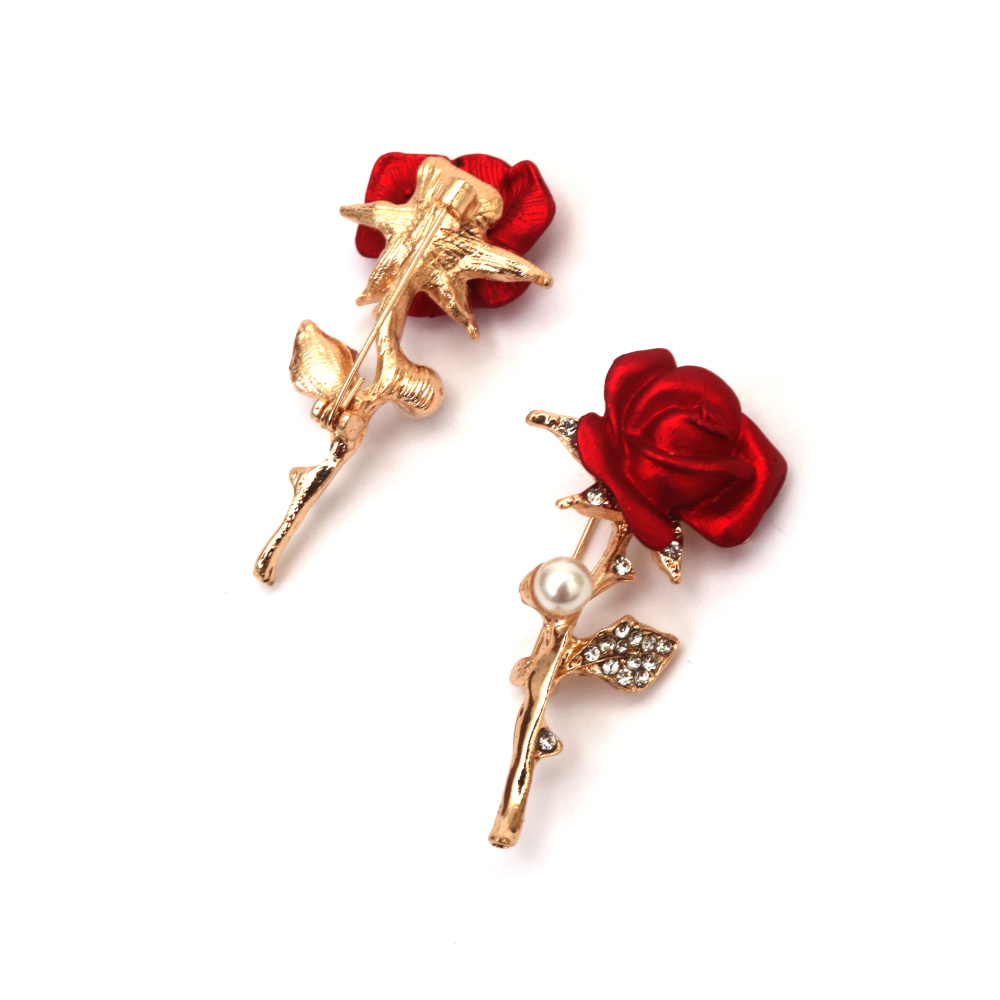 Broșă elegantă din metal în formă de trandafir 25x50 mm – culoare aurie, cu cristale și perlă, perfectă pentru bijuterii romantice, ocazii speciale și idei de cadouri chic