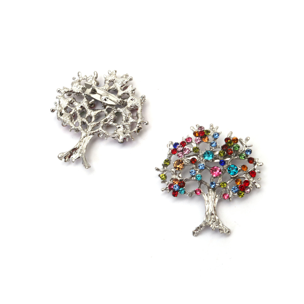 Broșă Copac din Metal 45x50 mm – Culoare Argintie cu Cristale Colorate, perfectă pentru bijuterii artistice handmade, ținute elegante și idei de cadou cu semnificație