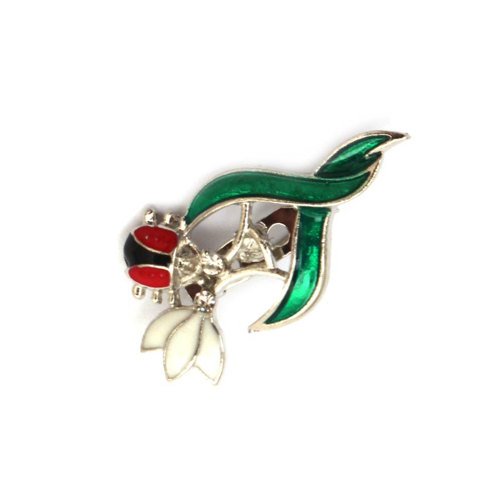 Metal brooch with crystals and paint, 40x20 mm, snowdrop with ladybug, silver color