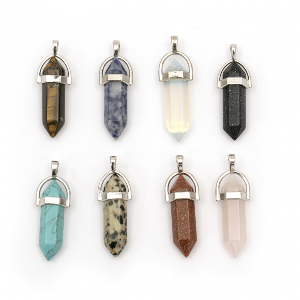 Pendant natural stone MIXED colors 38x14x10 mm hole 4x5 mm with silver color fitting