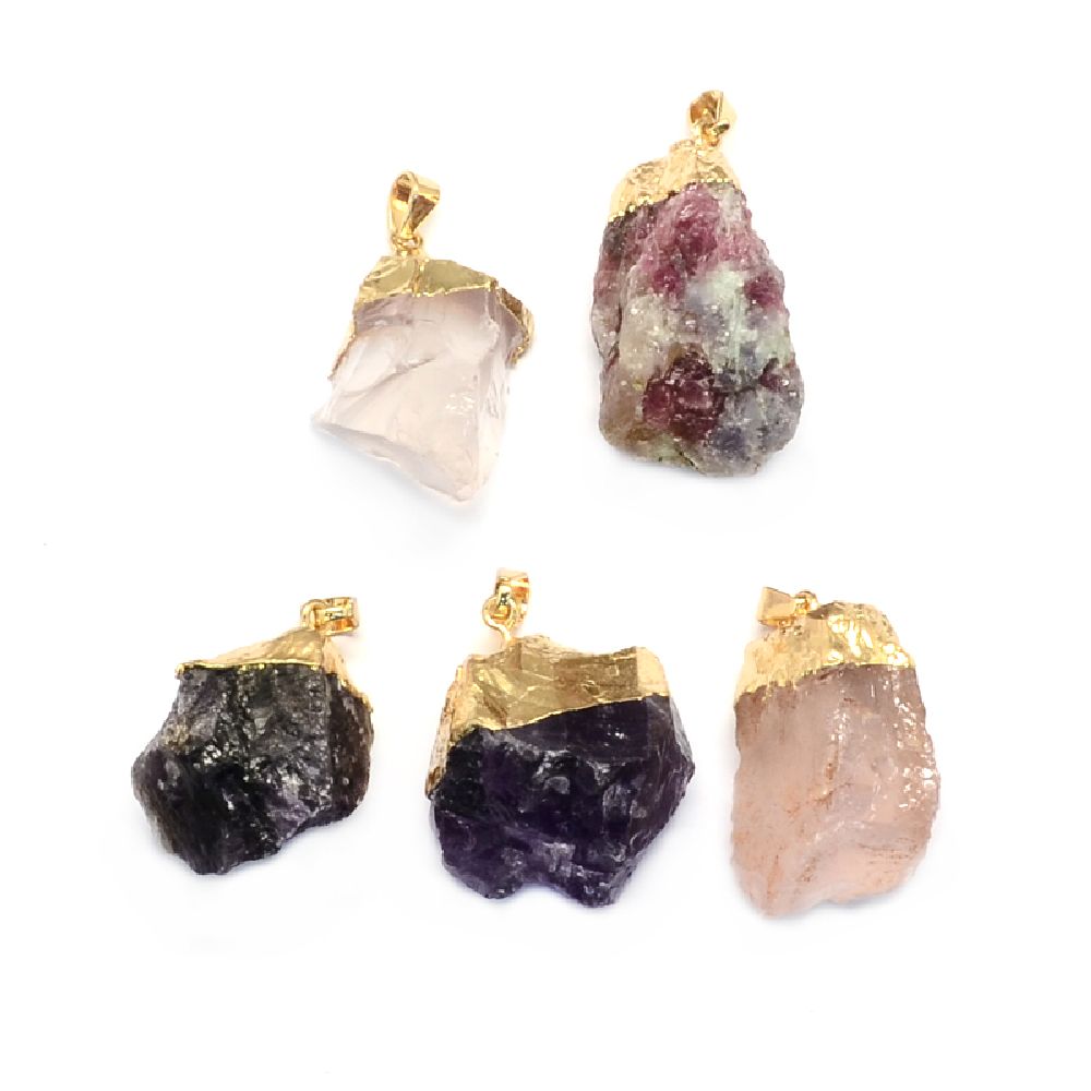 Pendant natural stone ASSORTED 30 ~ 38x15 ~ 30x12 ~ 20 mm hole 6x5 mm with gold color hardware