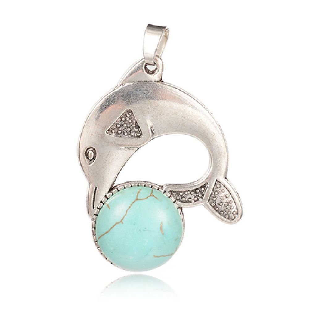 Pendant natural stone TURQUOISE 44x34x7 mm dolphin hole 4x7 mm